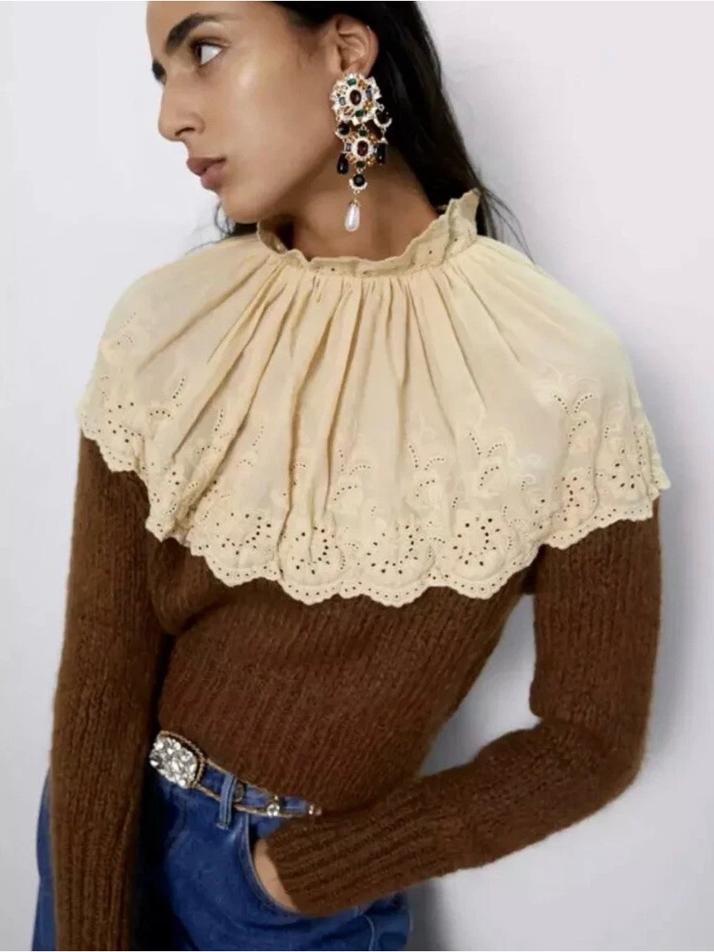 ZARA LADIES WOOL BLEND BROWN CROCHET BIB‎ FRONT COLLAR SWEATER SIZE SMALL S